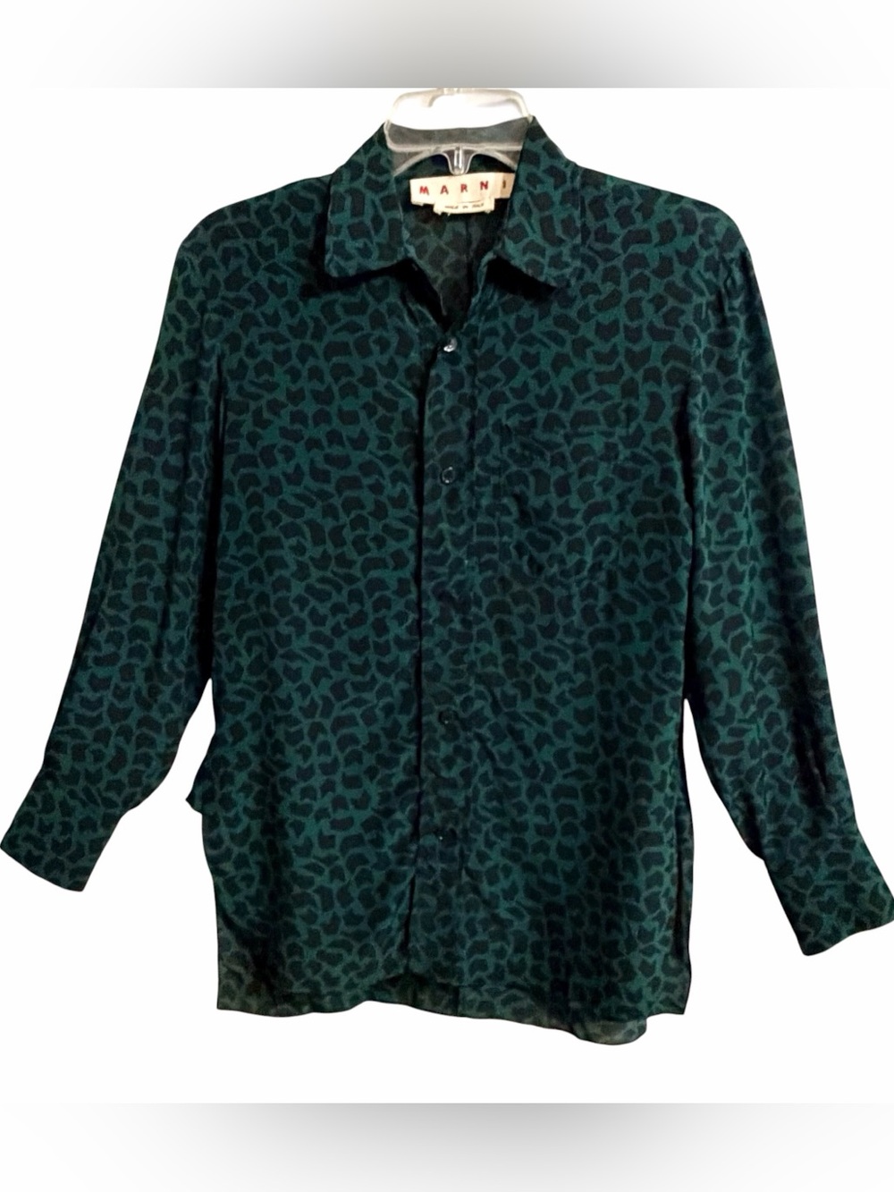 Marni Silk Abstract Geometric Print Shirt O Italian 36 Green Black Quiet Luxury